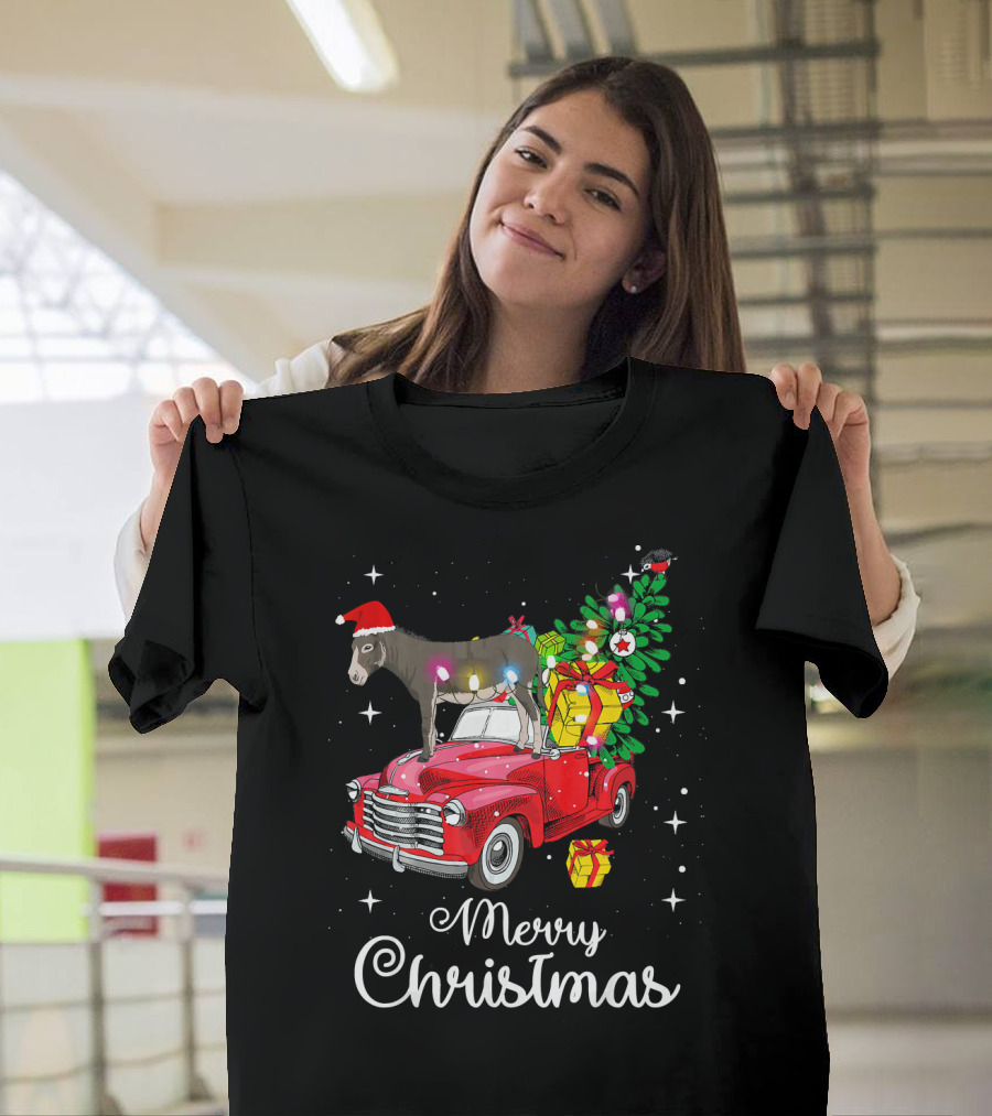 Merry Christmas Donkey Rides Red Truck With Santa Hat And Presents T-Shirt