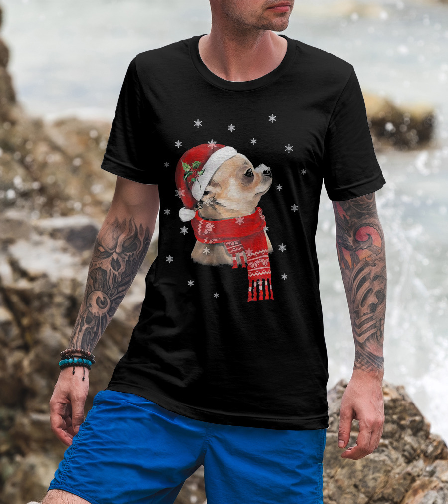Chihuahua Christmas Cute Chihuahua Lover Festive Santa Hat And Scarf Snowflakes T-Shirt