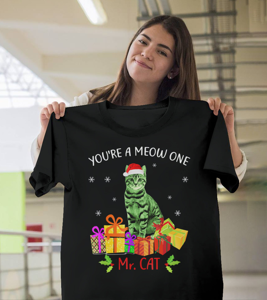You're A Meow One Mr. Cat Christmas Holiday With Presents And Santa Hat T-Shirt