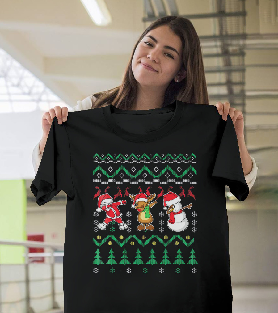 Santa Reindeer Snowman Dabbing Christmas T-Shirt