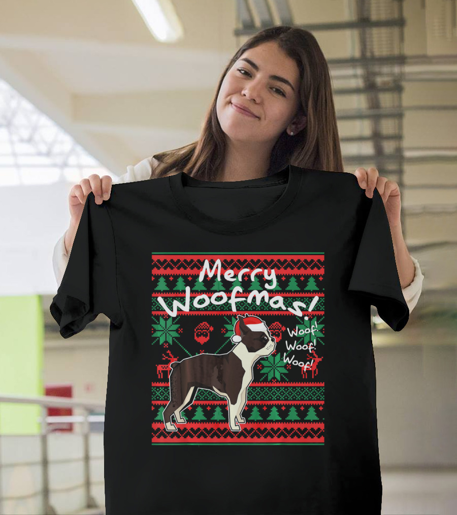 Merry Woofmas Boston Terrier Woof Woof Santa Hat Christmas T-Shirt