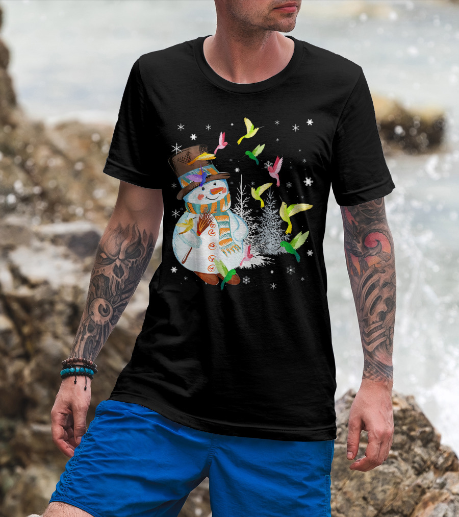 Merry Hummingbird Snowman With Colorful Birds And Snowflakes T-Shirt