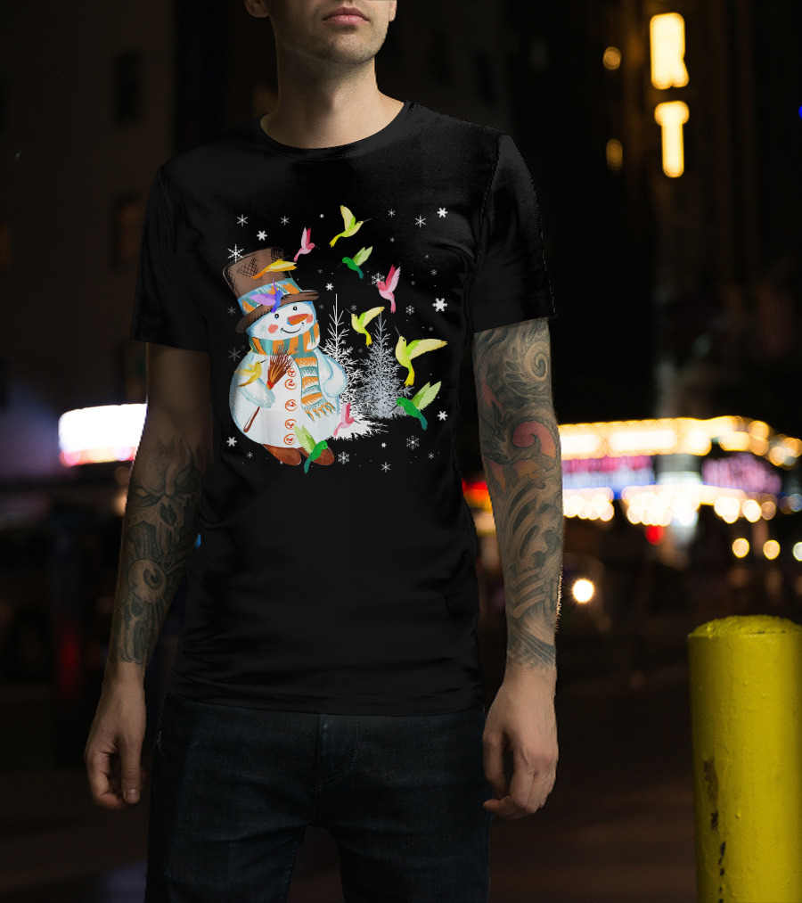 Merry Hummingbird Snowman With Colorful Birds And Snowflakes T-Shirt