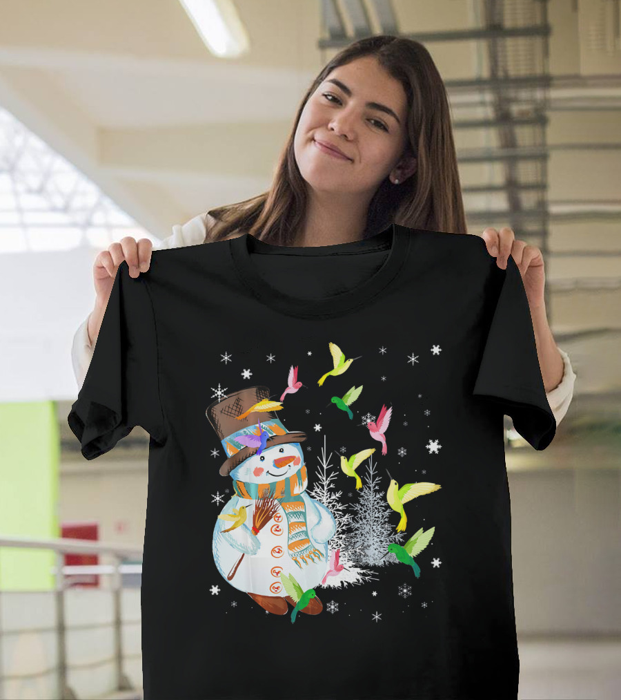 Merry Hummingbird Snowman With Colorful Birds And Snowflakes T-Shirt