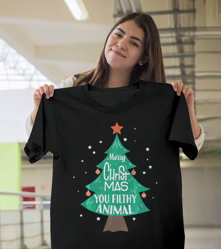 Merry Christmas You Filthy Animal Christmas Tree with Ornaments and Star T-Shirt