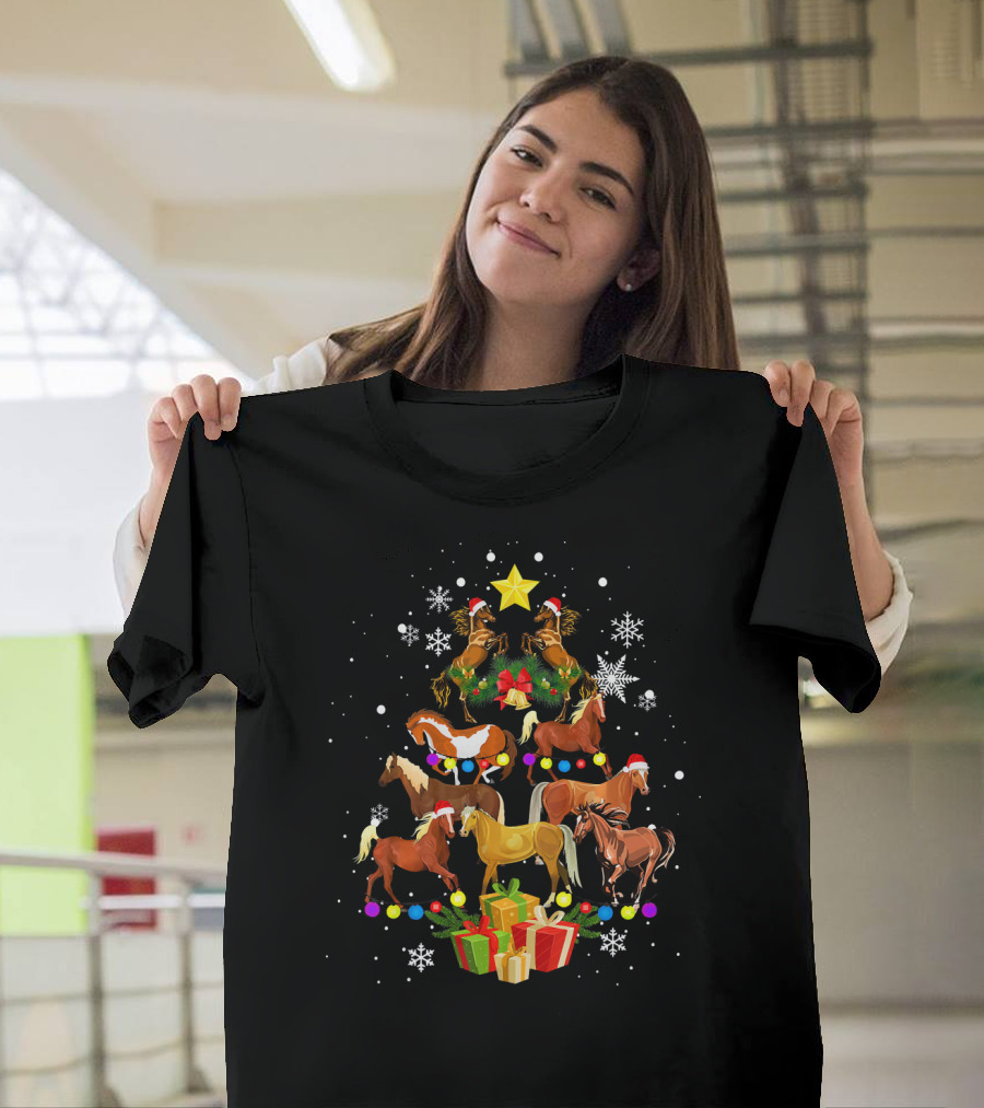 Horse Christmas Tree Festive Snowflakes T-Shirt