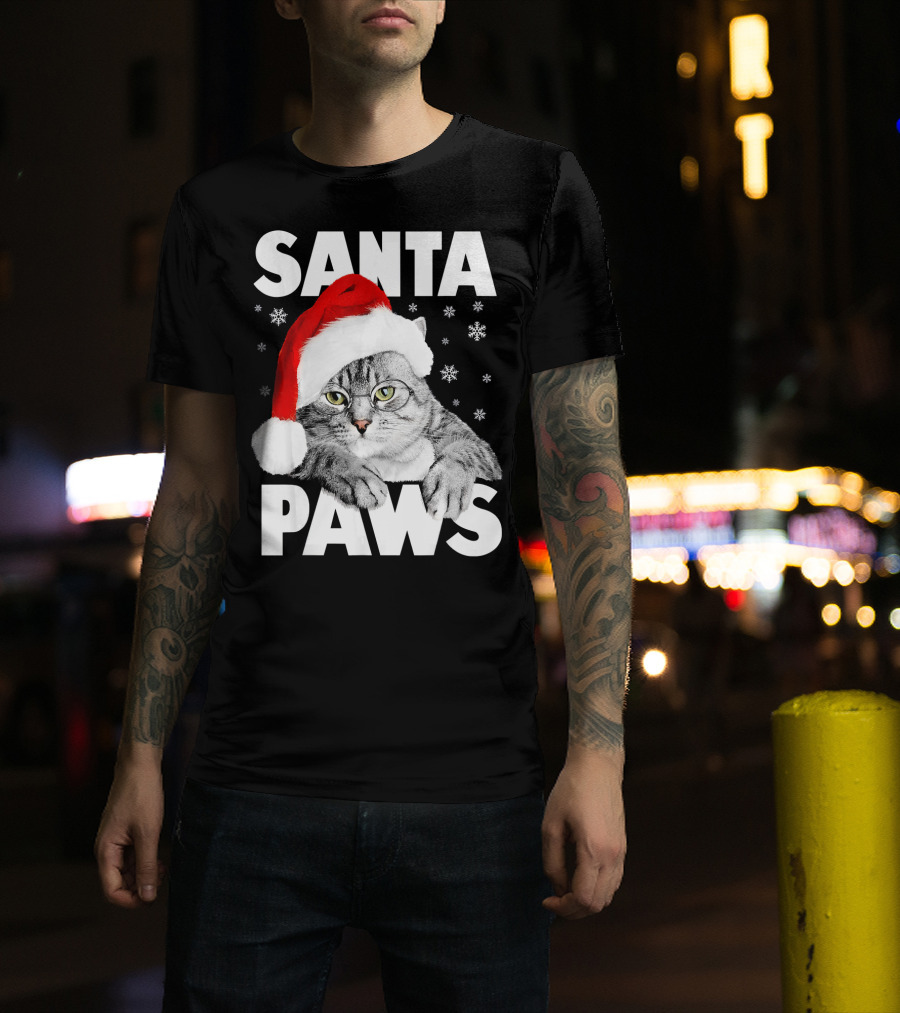 Santa Paws Christmas Kitty Cat Funny Graphic Snowflakes Hat T-Shirt