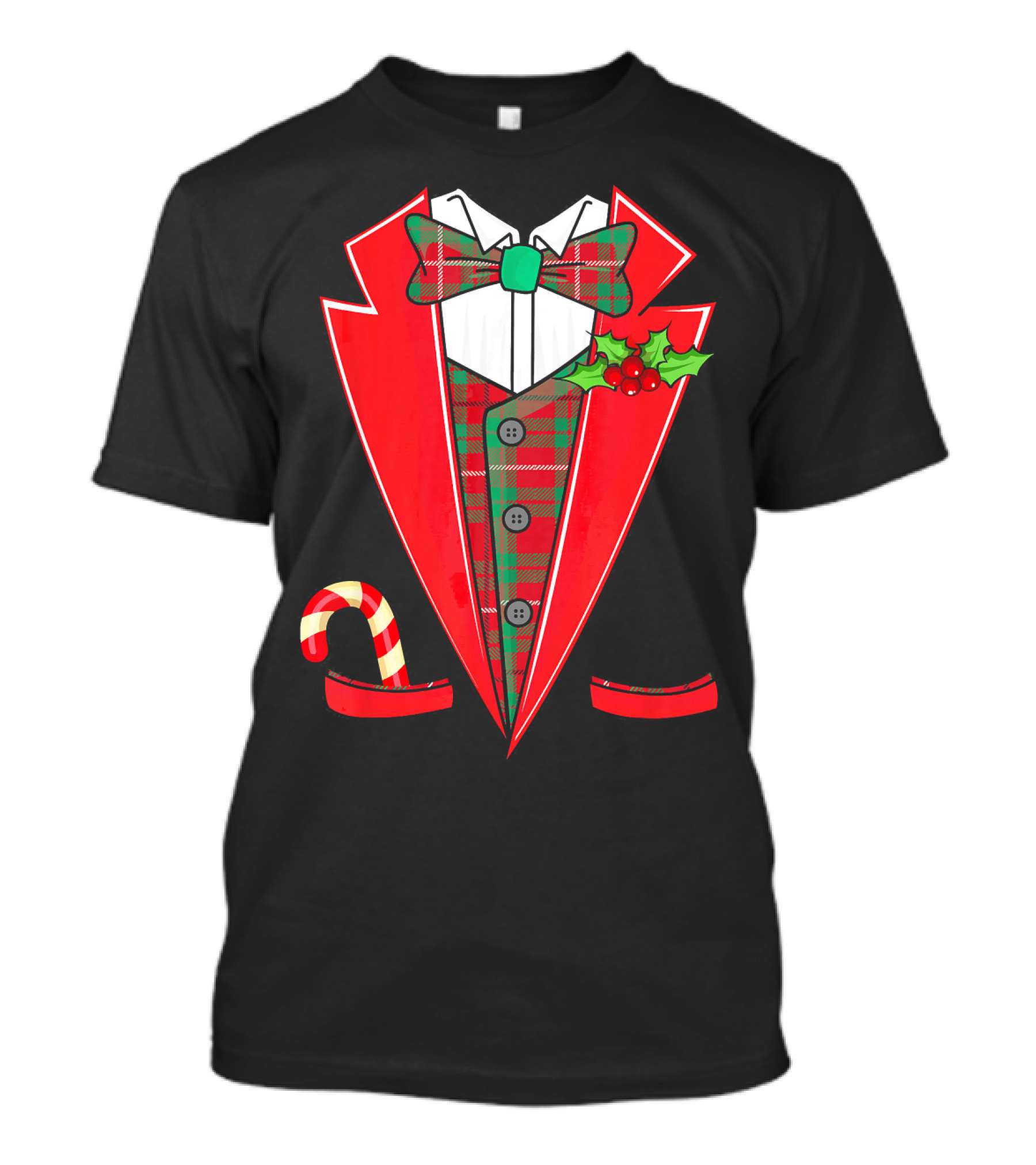 Tuxedo Christmas Fancy Xmas Co Red Plaid Bowtie Candy Cane Holiday Jacket T-Shirt