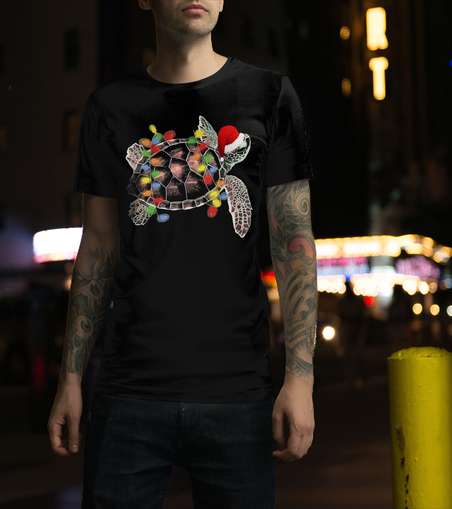 Sea Turtle With Christmas Lights In Santa Hat Merry Chris T-Shirt