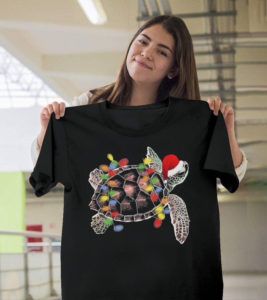 Sea Turtle With Christmas Lights In Santa Hat Merry Chris T-Shirt