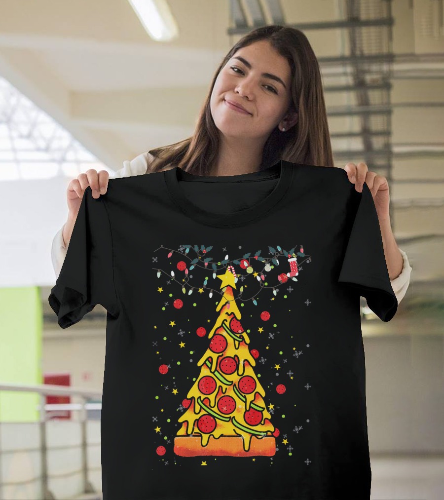 Christmas Pizza Tree Festive Lights Pepperoni Snowflakes T-Shirt