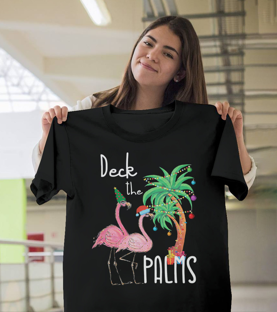 Deck The Palms Christmas Flamingo Family Tropical Holiday Scene T-Shirt