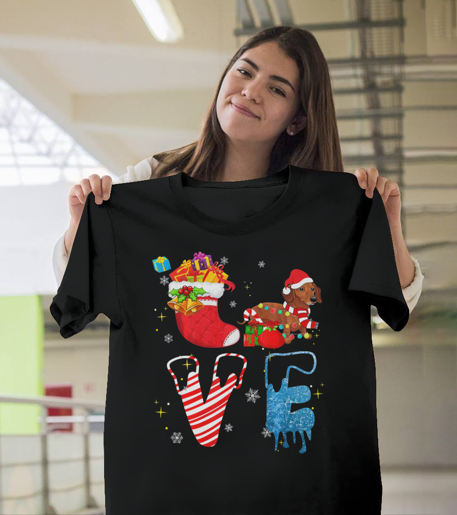 Dachshund Forever Love Merry Christmas Stocking Candy Cane Snowflakes T-Shirt