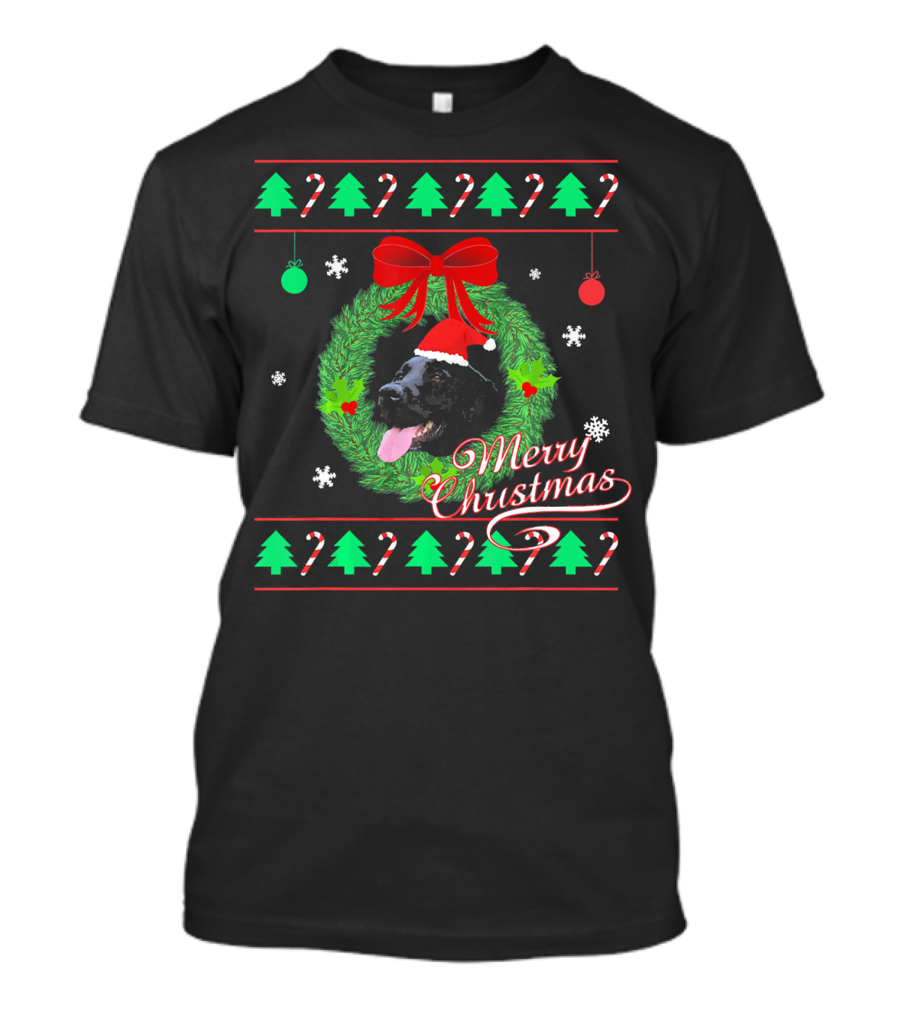 Merry Christmas Black Lab Puppy In Santa Hat With Wreath And Candy Canes T-Shirt