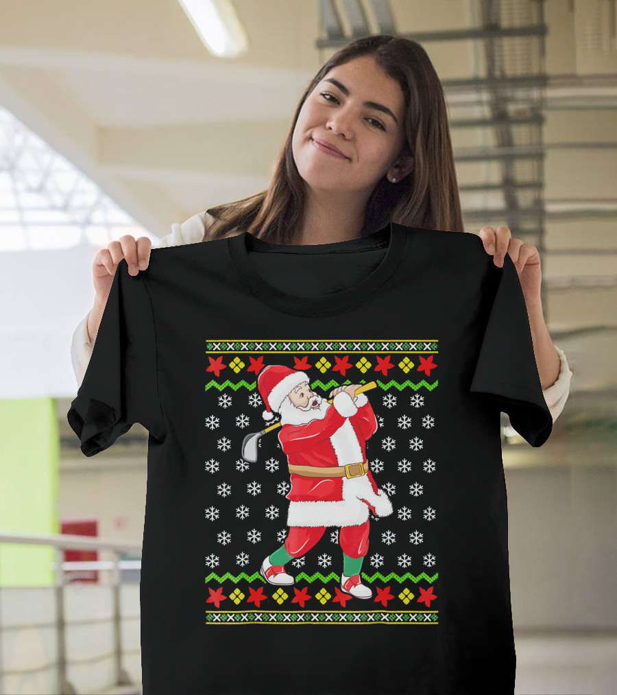 Ugly Christmas Santa Playing Golf Snowflakes T-Shirt
