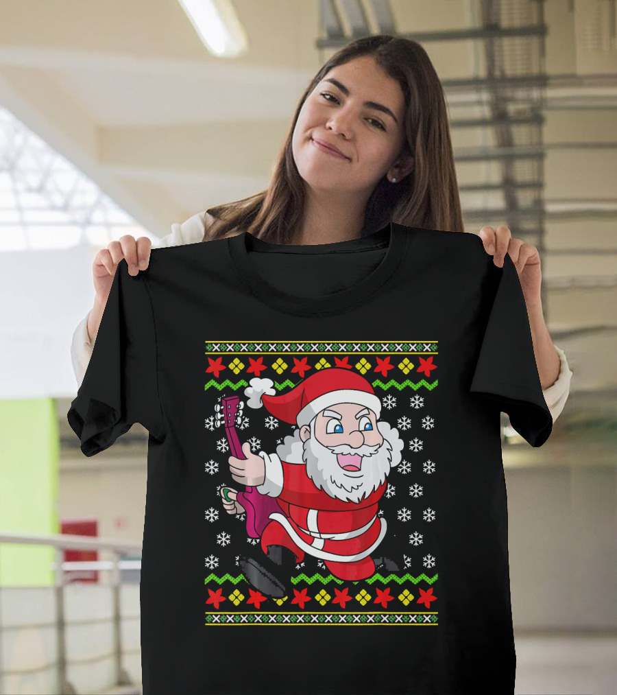 Ugly Christmas Santa Playing Guitar Festive T-Shirt