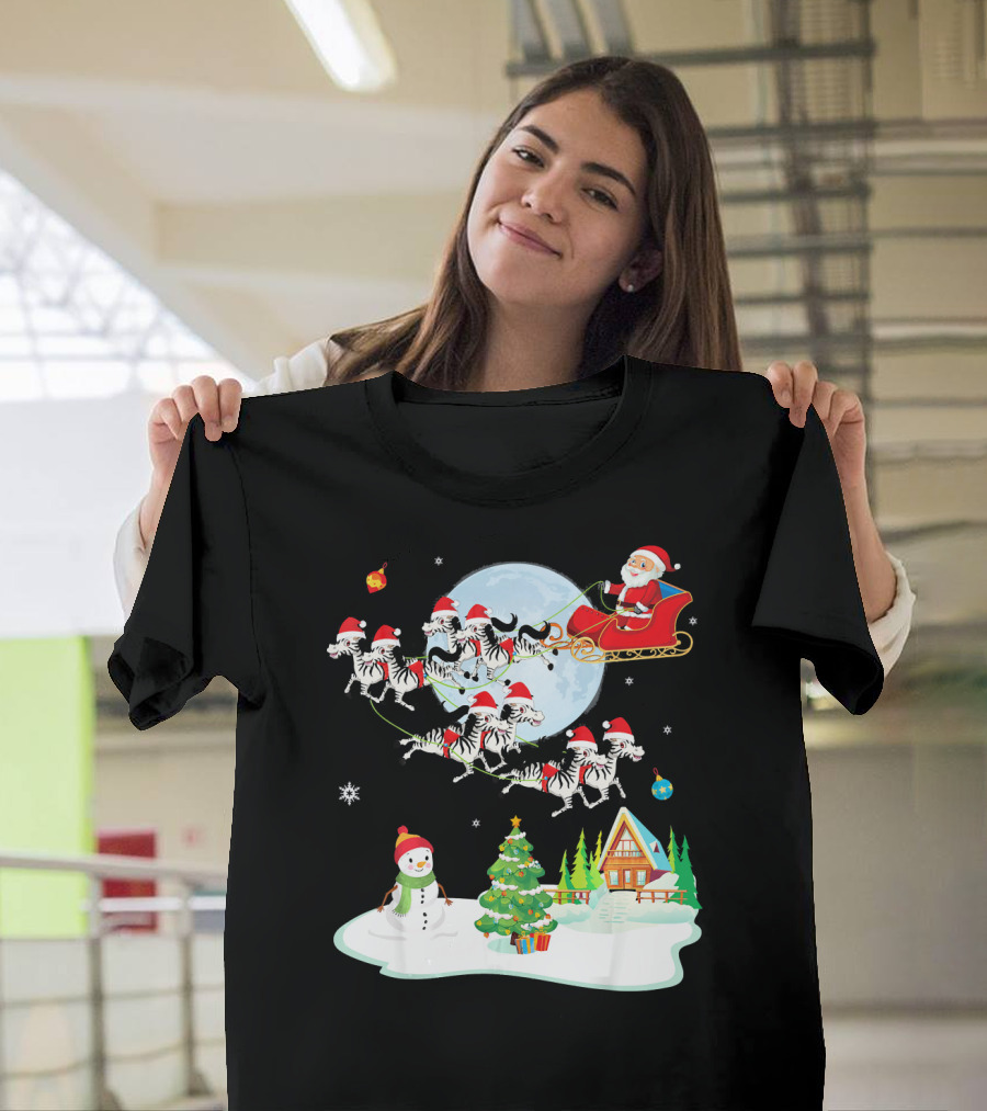Santa Claus Sleigh with Zebras and Snowman by Christmas Tree T-Shirt