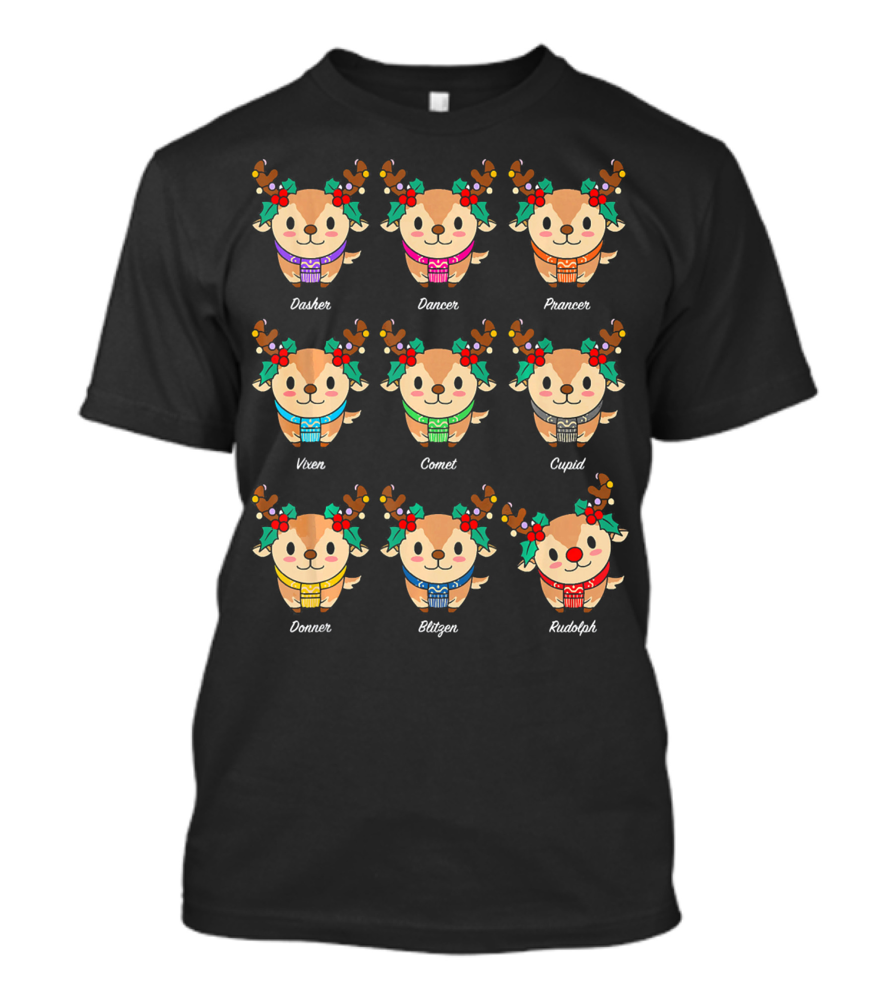 Adorable Reindeer With Names Dasher Dancer Prancer Vixen Comet Cupid Donner Blitzen Rudolph T-Shirt