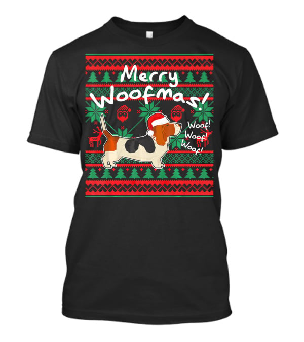 Merry Woofmas Basset Hound Dog With Santa Hat And Festive T-Shirt