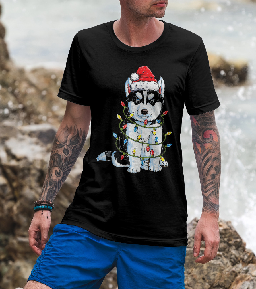 Siberian Husky Wrapped In Christmas Lights With Santa Hat T-Shirt