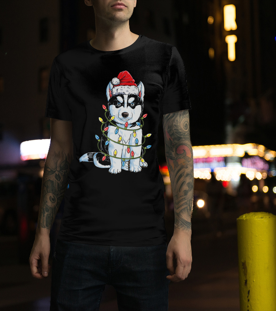 Siberian Husky Wrapped In Christmas Lights With Santa Hat T-Shirt