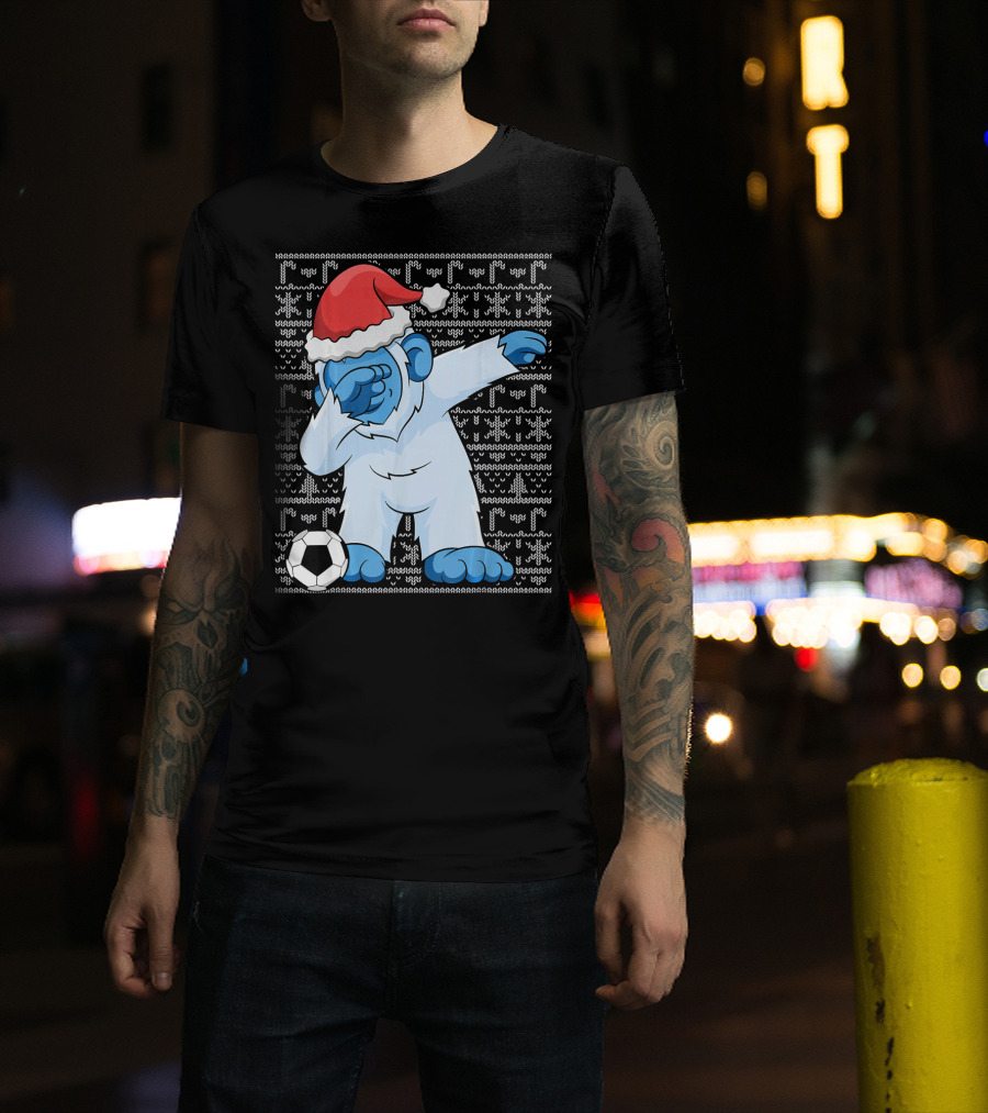 Dabbing Abominable Snowman Santa With Soccer Ball Holiday Ugly T-Shirt