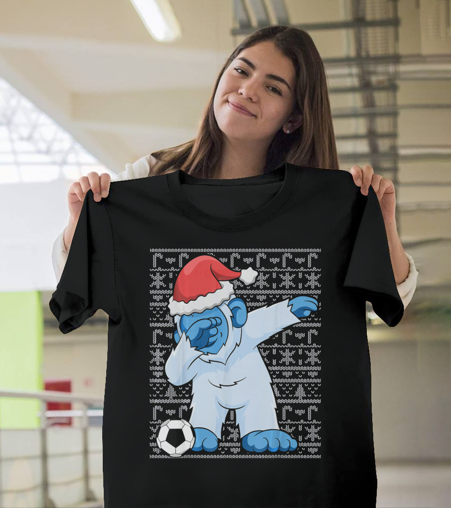 Dabbing Abominable Snowman Santa With Soccer Ball Holiday Ugly T-Shirt