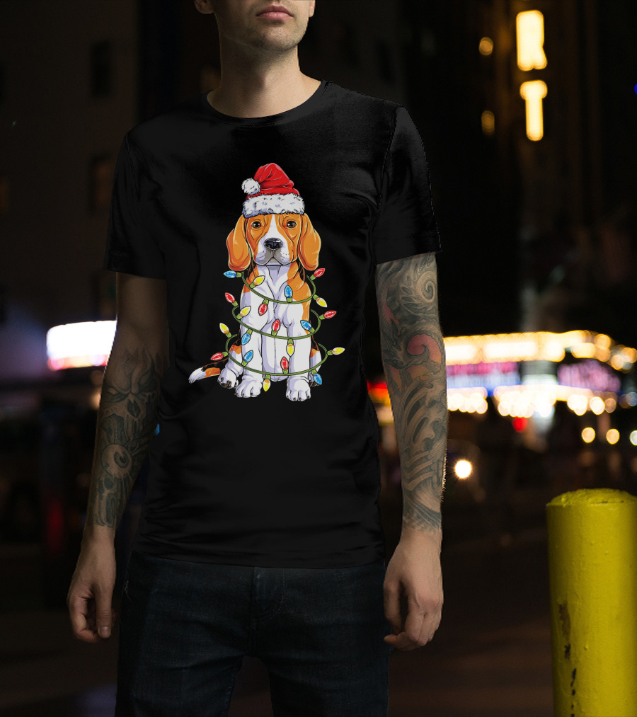 Beagle Wrapped In Christmas Lights With Santa Hat T-Shirt