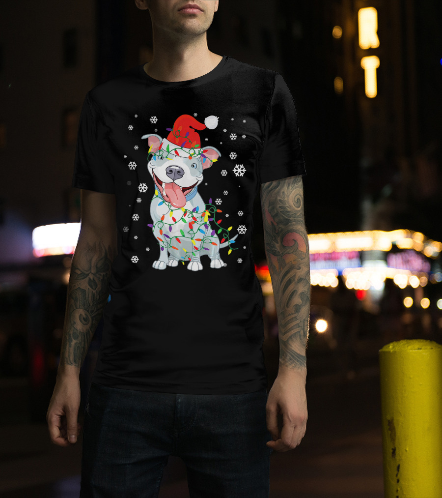 Pitbull Wrapped In Christmas Lights With Santa Hat And Snowflakes T-Shirt