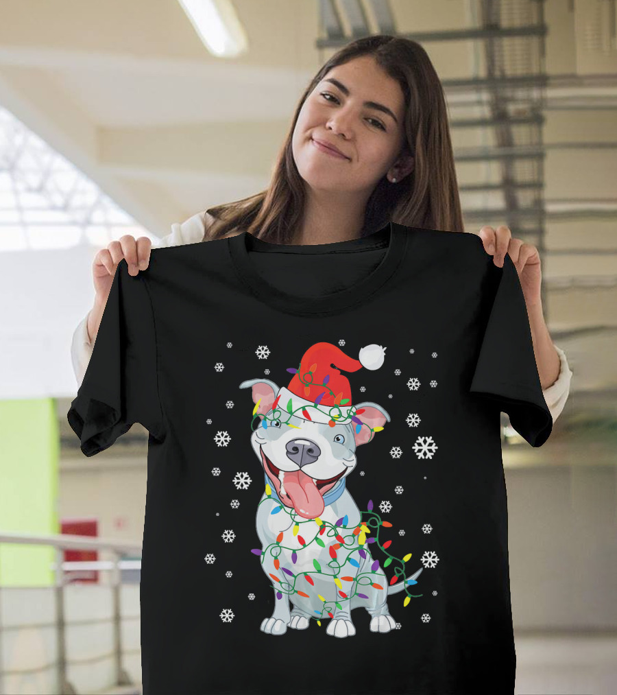 Pitbull Wrapped In Christmas Lights With Santa Hat And Snowflakes T-Shirt