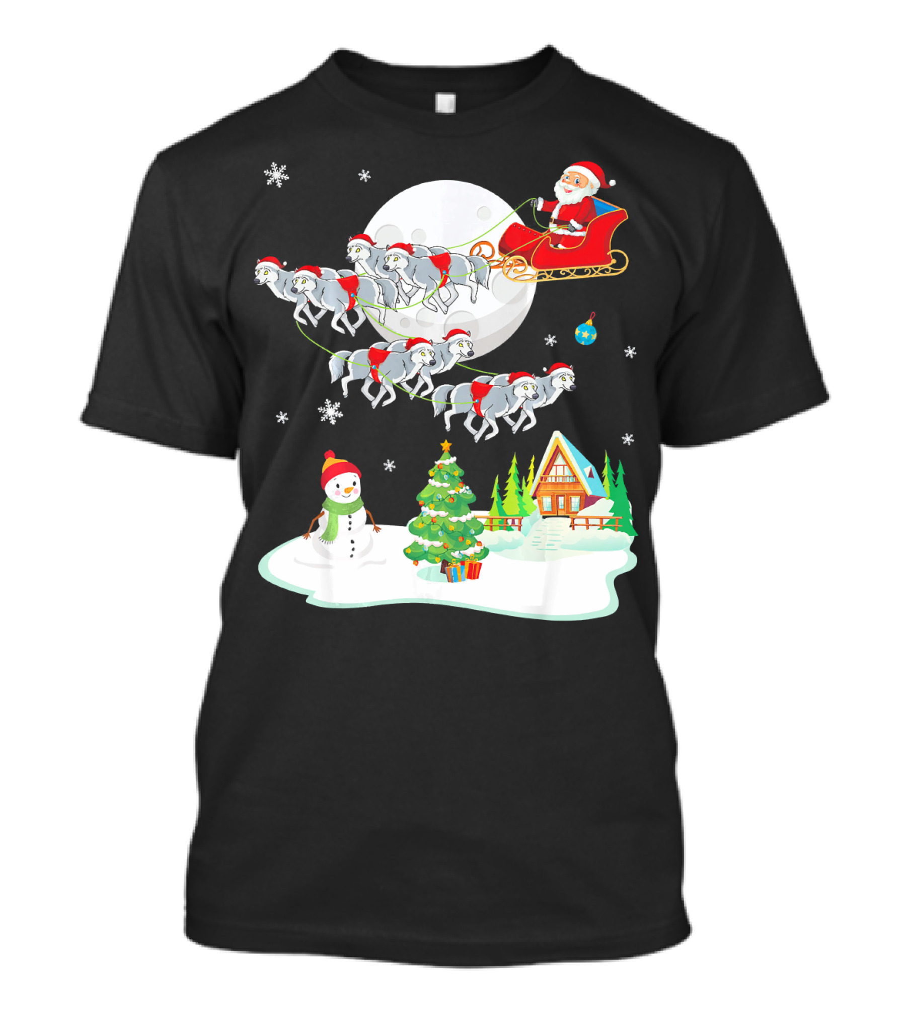 Santa Claus Sleigh Riding Over Snowman And Christmas Scene With Wolves T-Shirt