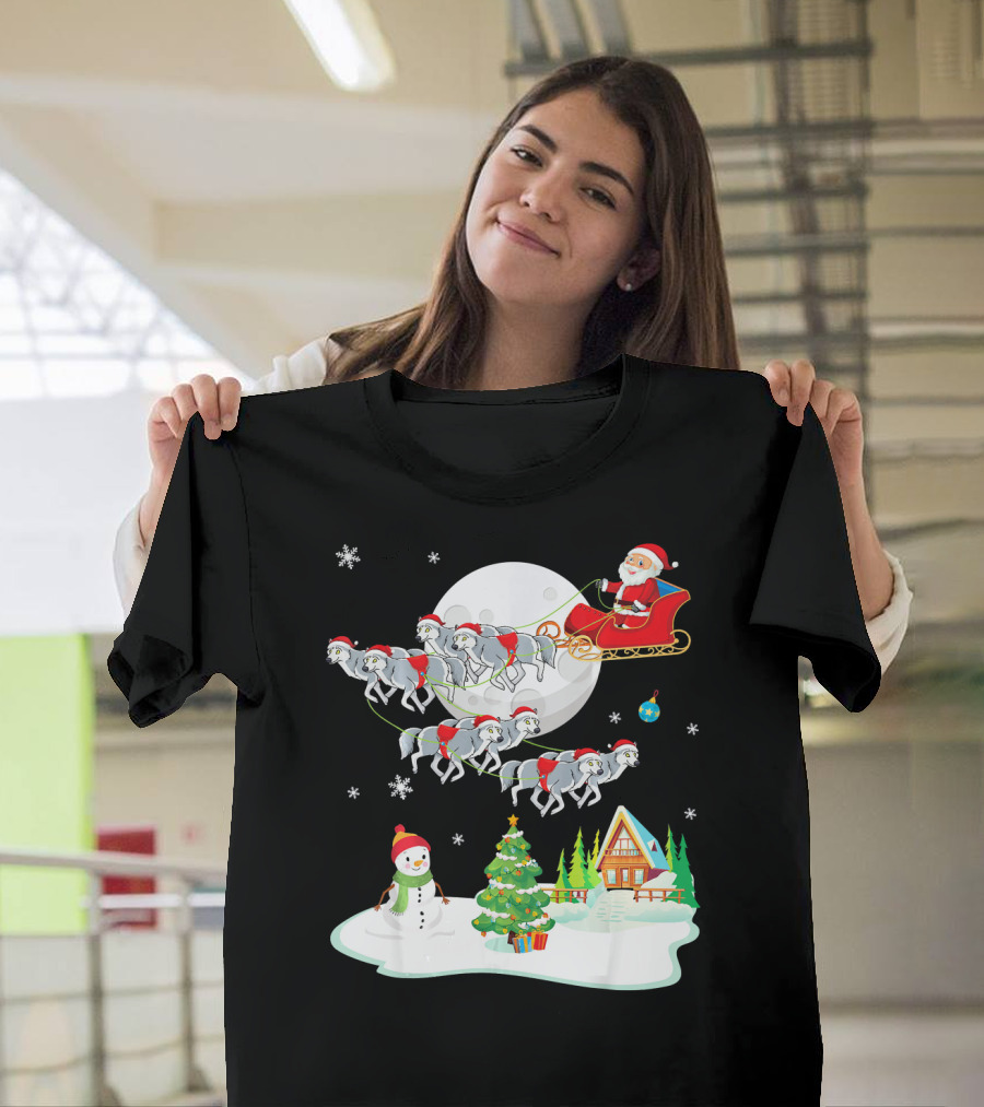 Santa Claus Sleigh Riding Over Snowman And Christmas Scene With Wolves T-Shirt