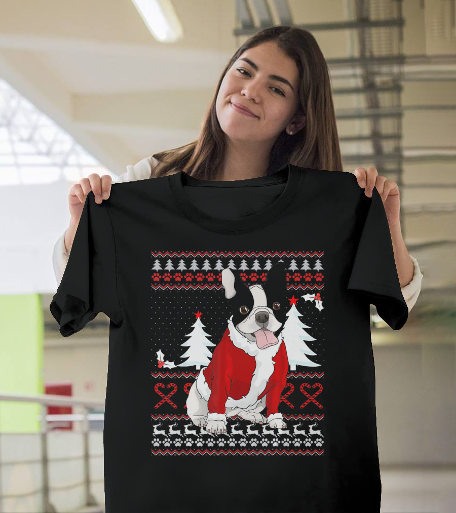 Cute French Bulldog Christmas Sweater With Santa Outfit And Holiday Trees T-Shirt