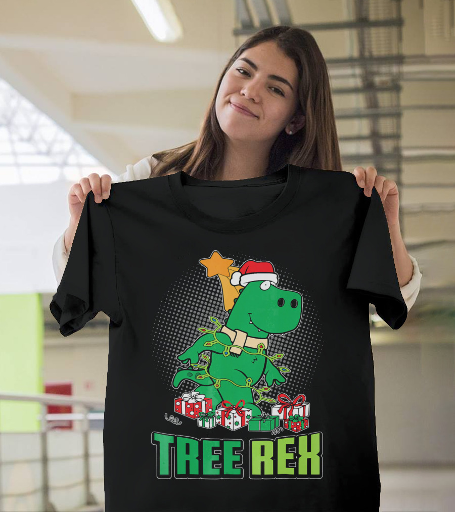 Tree Rex Funny Cute Christmas Dinosaur With Santa Hat And Gifts T-Shirt