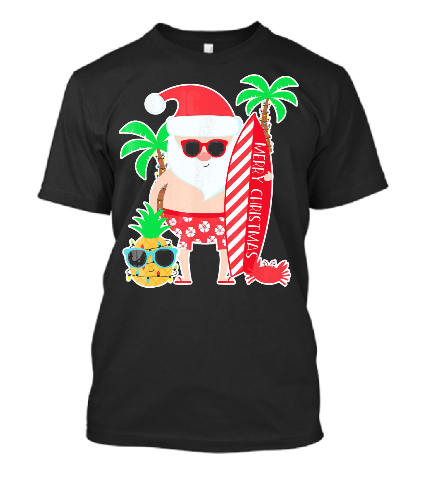 Merry Christmas Santa Surfing Hawaiian Pineapple Palm Trees T-Shirt