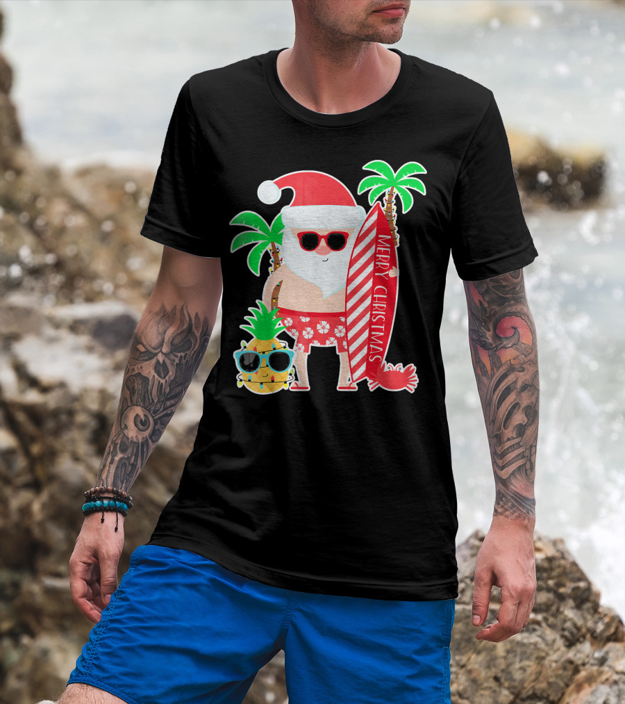 Merry Christmas Santa Surfing Hawaiian Pineapple Palm Trees T-Shirt