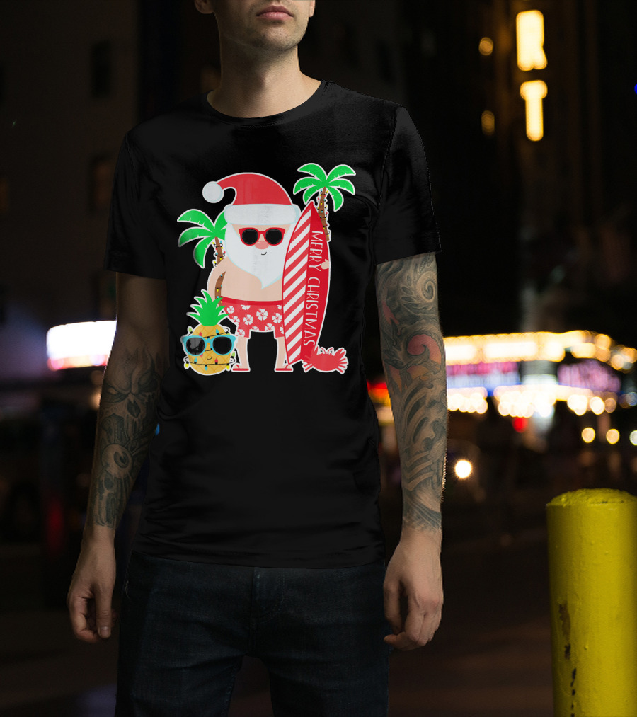 Merry Christmas Santa Surfing Hawaiian Pineapple Palm Trees T-Shirt