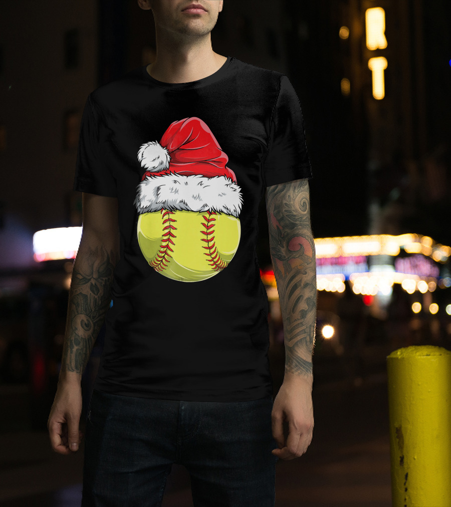 Santa Hat Softball Christmas T-Shirt