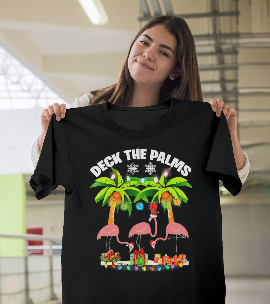 Deck the Palms Flamingo Christmas Lights and Gifts T-Shirt