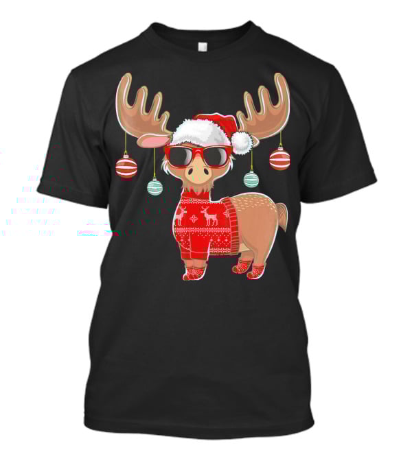 Ugly Christmas Moose Chris With Sweater And Ornaments T-Shirt