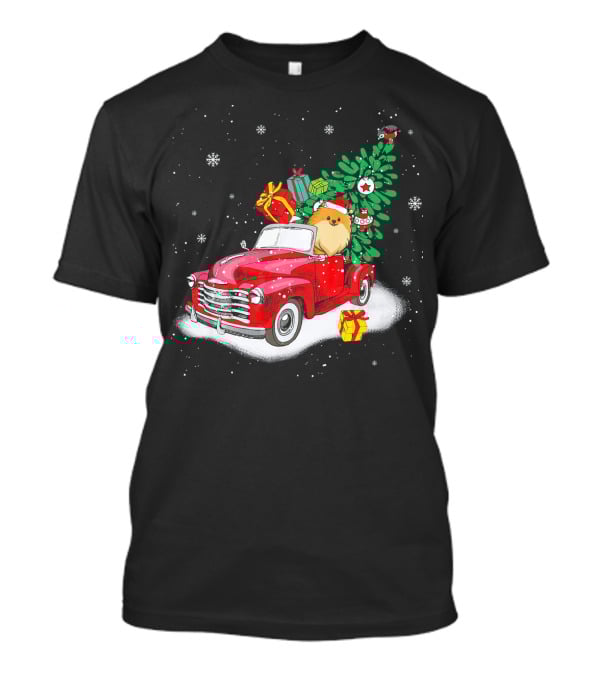 Pomeranian With Christmas Tree And Gifts In Red Truck Snow Scene T-Shirt