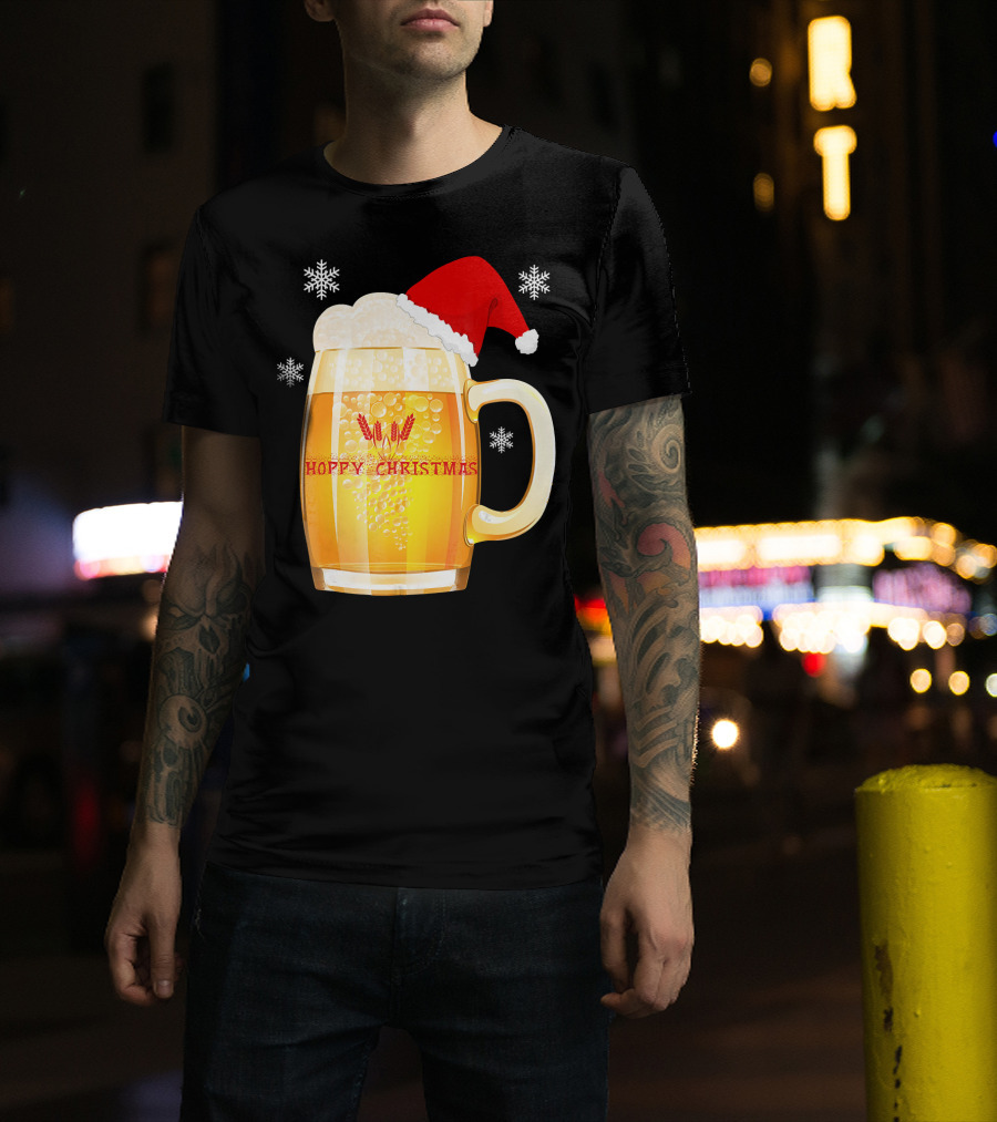 Hoppy Christmas Beer Santa Mug With Snowflakes T-Shirt