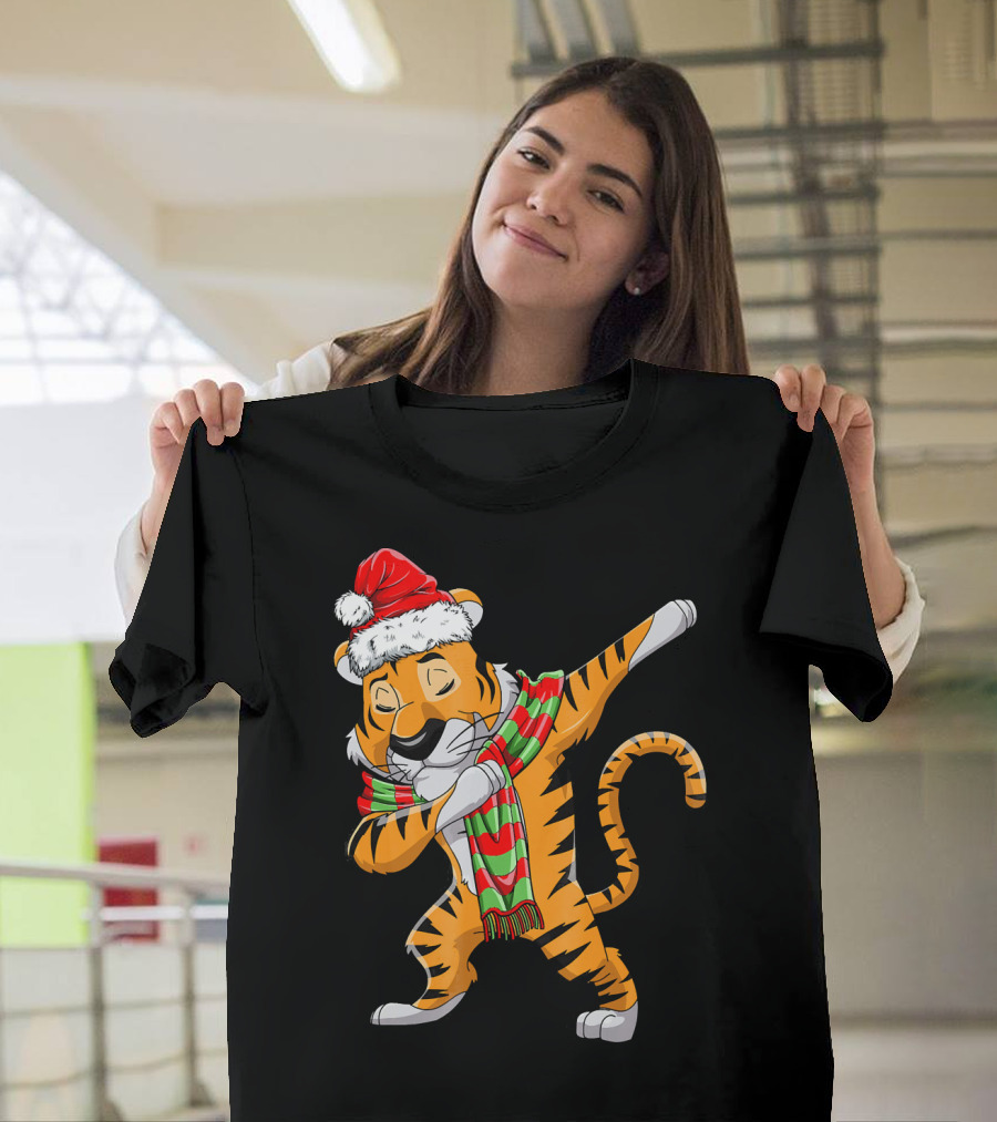 Dabbing Santa Tiger with Christmas Scarf T-Shirt