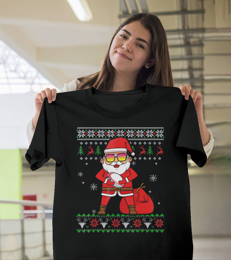 Rugby Ugly Christmas Santa Claus With Sunglasses Snowflakes Reindeer T-Shirt