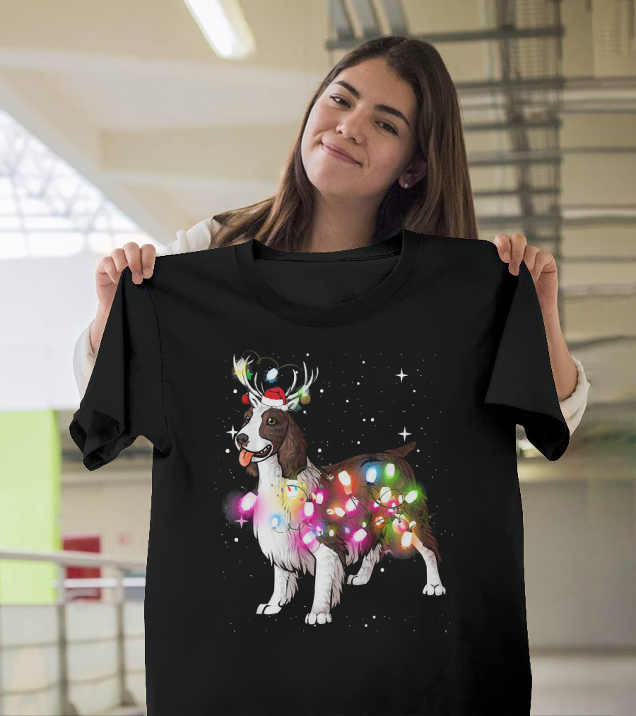Christmas Lights English Springer Spaniel with Reindeer Antlers and Santa Hat T-Shirt
