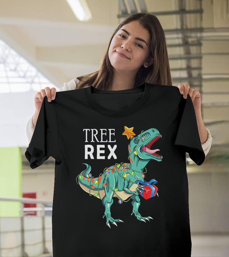 Tree Rex Dinosaur with Christmas Lights and Gift T-Shirt