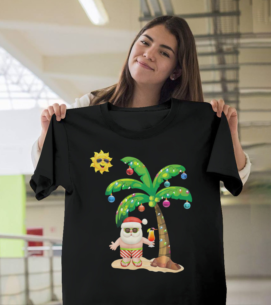 July Christmas Palm Tree Santa With Sunglasses And Cocktail T-Shirt