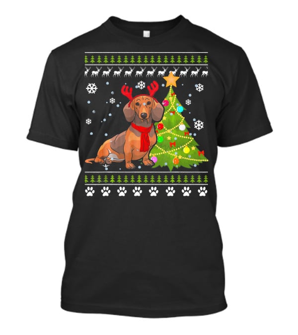 Dachshund Ugly Christmas Reindeer Antlers Christmas Tree Snowflakes T-Shirt