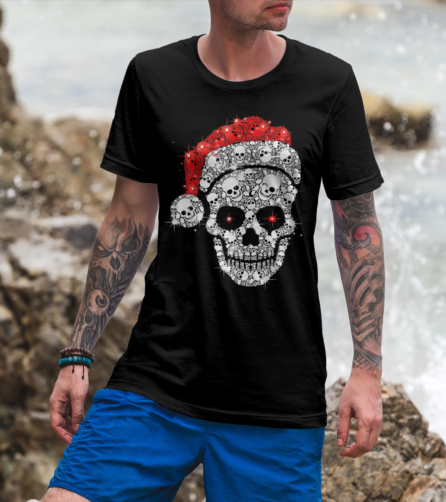 Shiny Skull Rhinestone Santa Hat Christmas Skulls T-Shirt