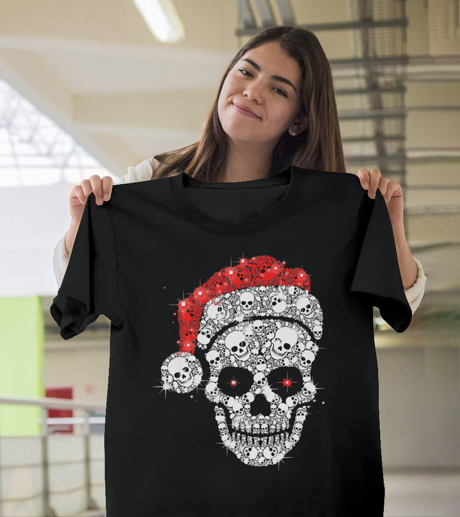 Shiny Skull Rhinestone Santa Hat Christmas Skulls T-Shirt